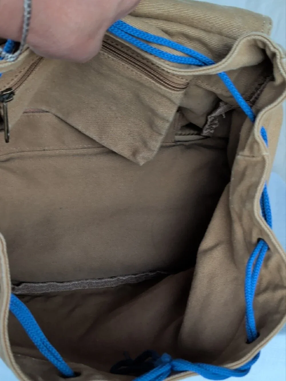 Durable Tan Canvas Backpack with Brown Trim Hiking Camping Outdoor Activities